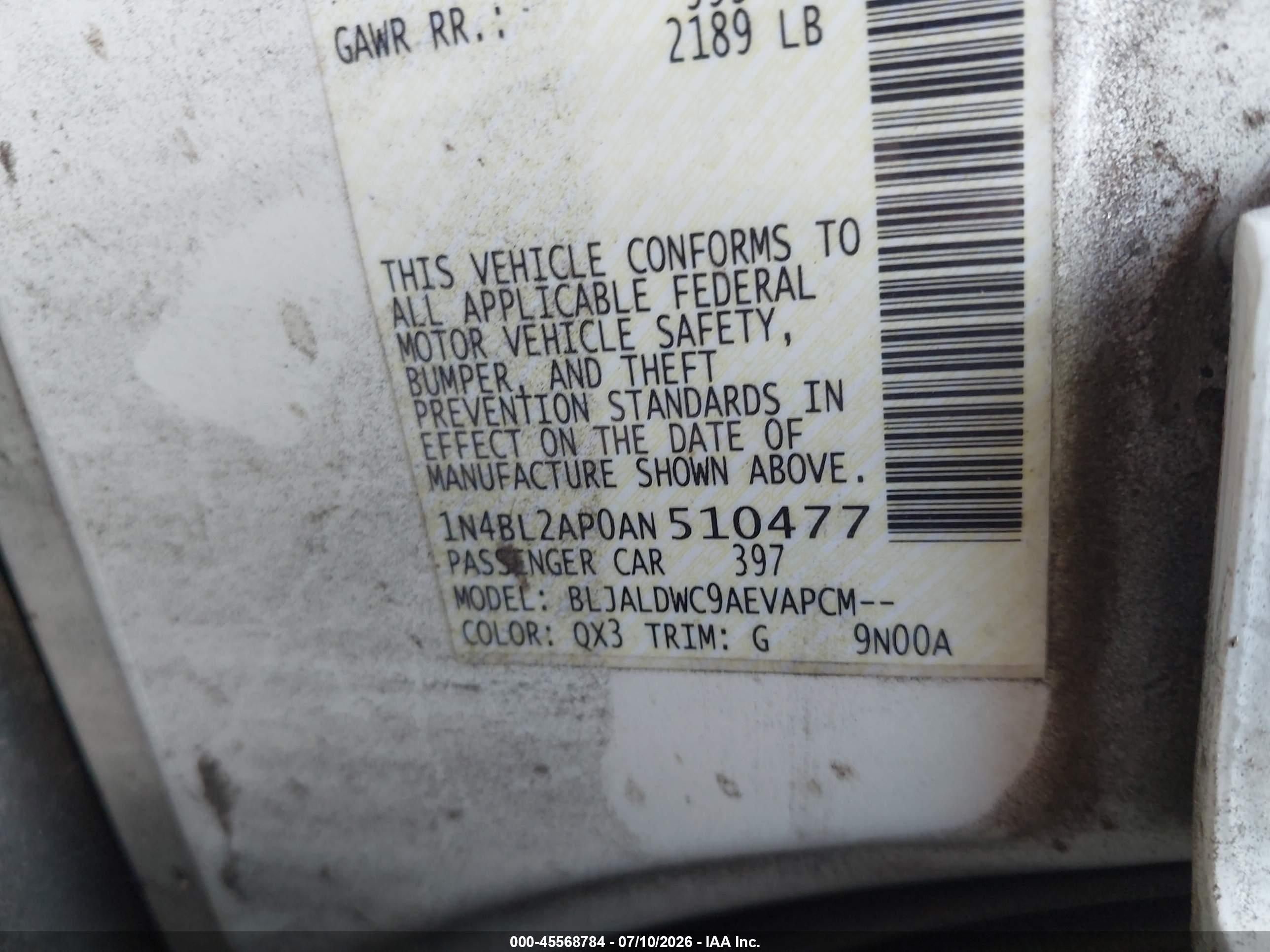2010 Nissan Altima 3.5 Sr White vin: 1N4BL2AP0AN510477
