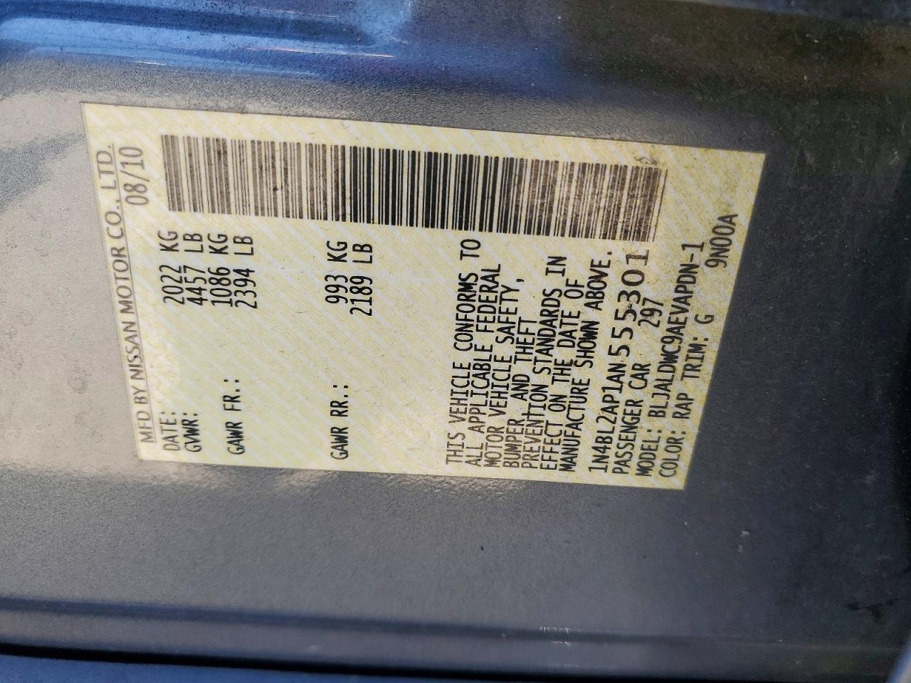2010 Nissan Altima Sr Blue vin: 1N4BL2AP1AN555301