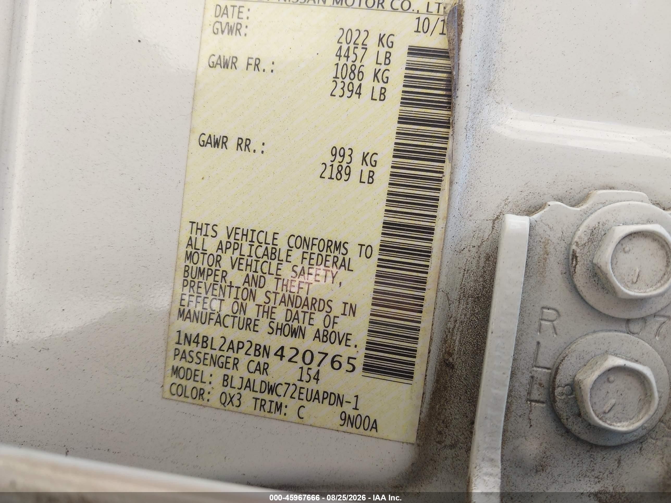 2011 Nissan Altima 3.5 Sr Белый vin: 1N4BL2AP2BN420765