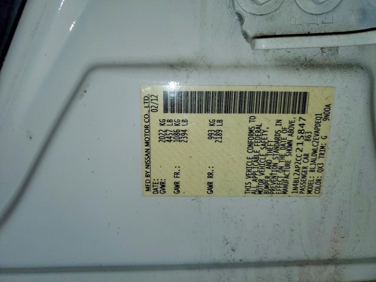 2012 Nissan Altima Sr Белый vin: 1N4BL2AP2CC215847