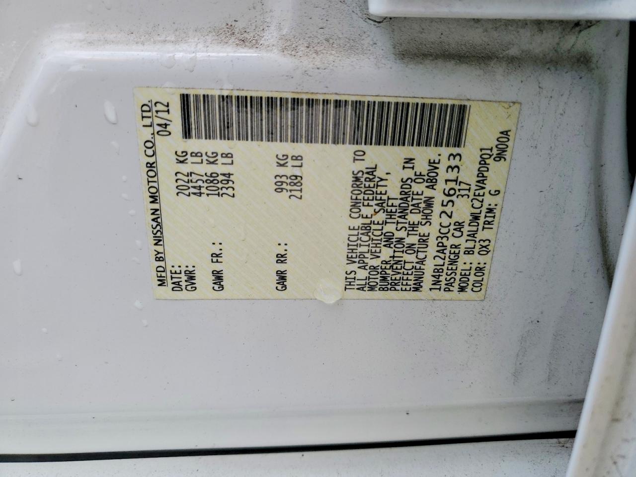 2012 Nissan Altima Sr White vin: 1N4BL2AP3CC256133
