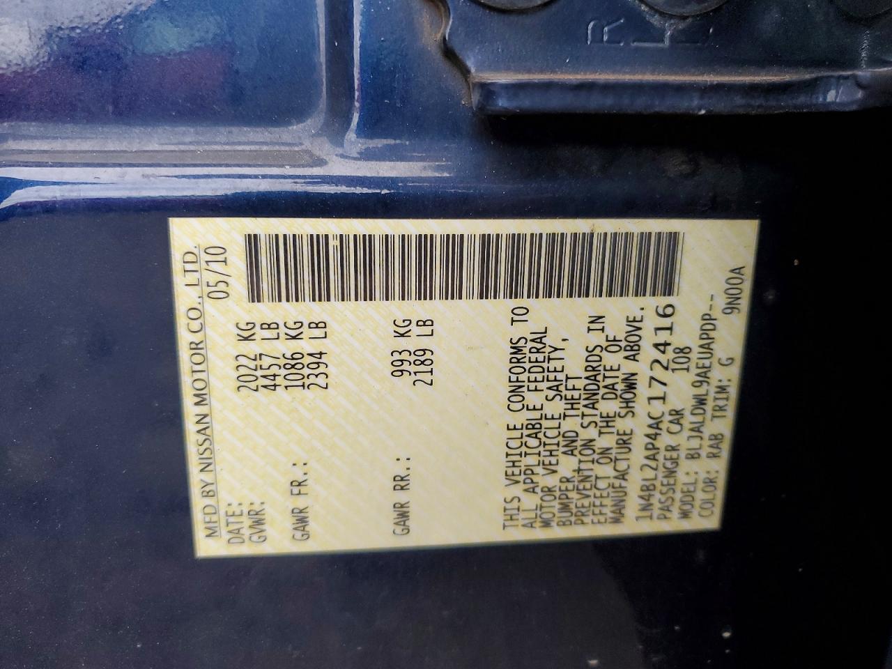 2010 Nissan Altima 3.5 Sr Синий vin: 1N4BL2AP4AC172416