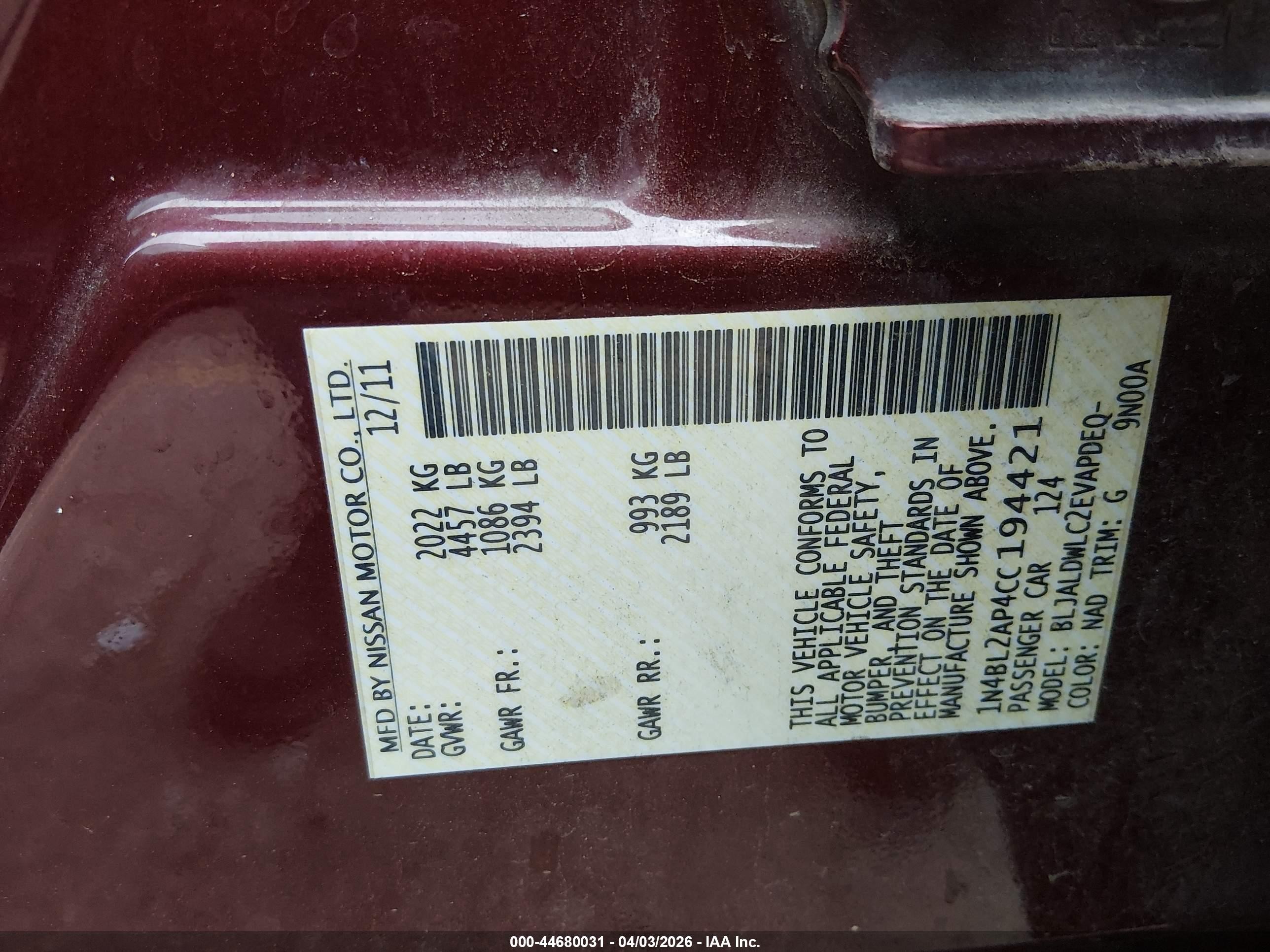 2012 Nissan Altima 3.5 Sr Burgundy vin: 1N4BL2AP4CC194421
