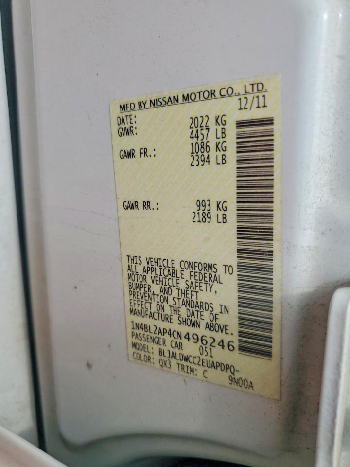 2012 Nissan Altima Sr White vin: 1N4BL2AP4CN496246