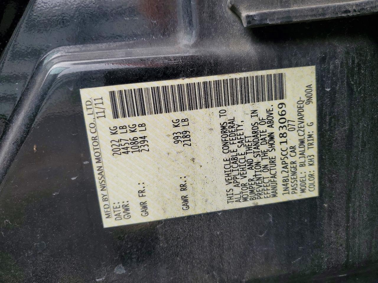 2012 Nissan Altima Sr Black vin: 1N4BL2AP5CC183069