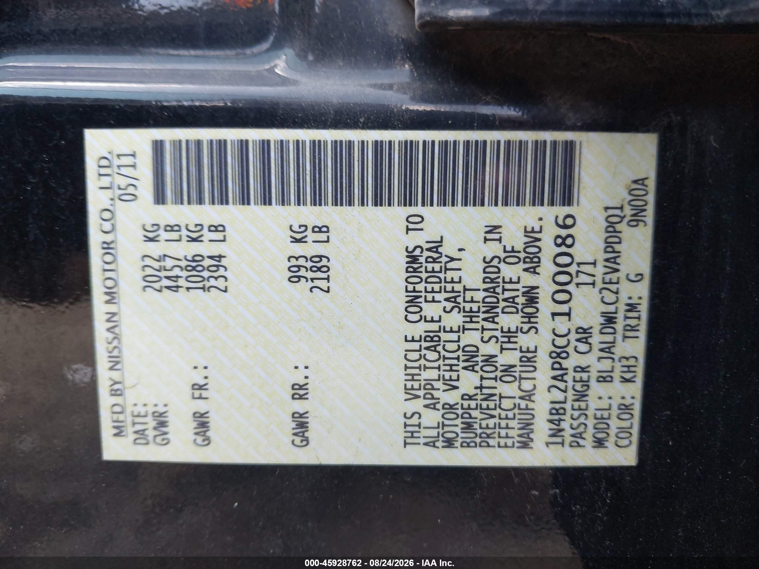 2012 Nissan Altima 3.5 Sr Black vin: 1N4BL2AP8CC100086