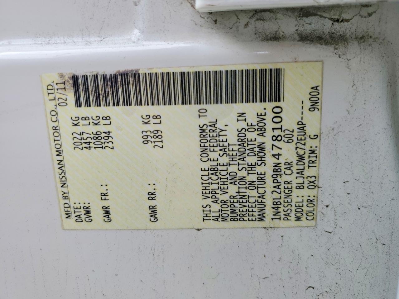 2011 Nissan Altima Sr White vin: 1N4BL2AP9BN478100