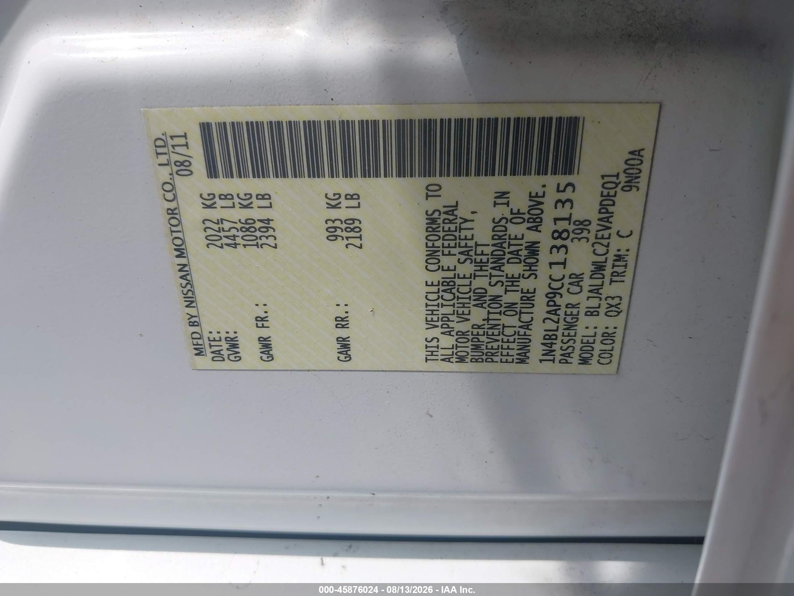 2012 Nissan Altima 3.5 Sr White vin: 1N4BL2AP9CC138135