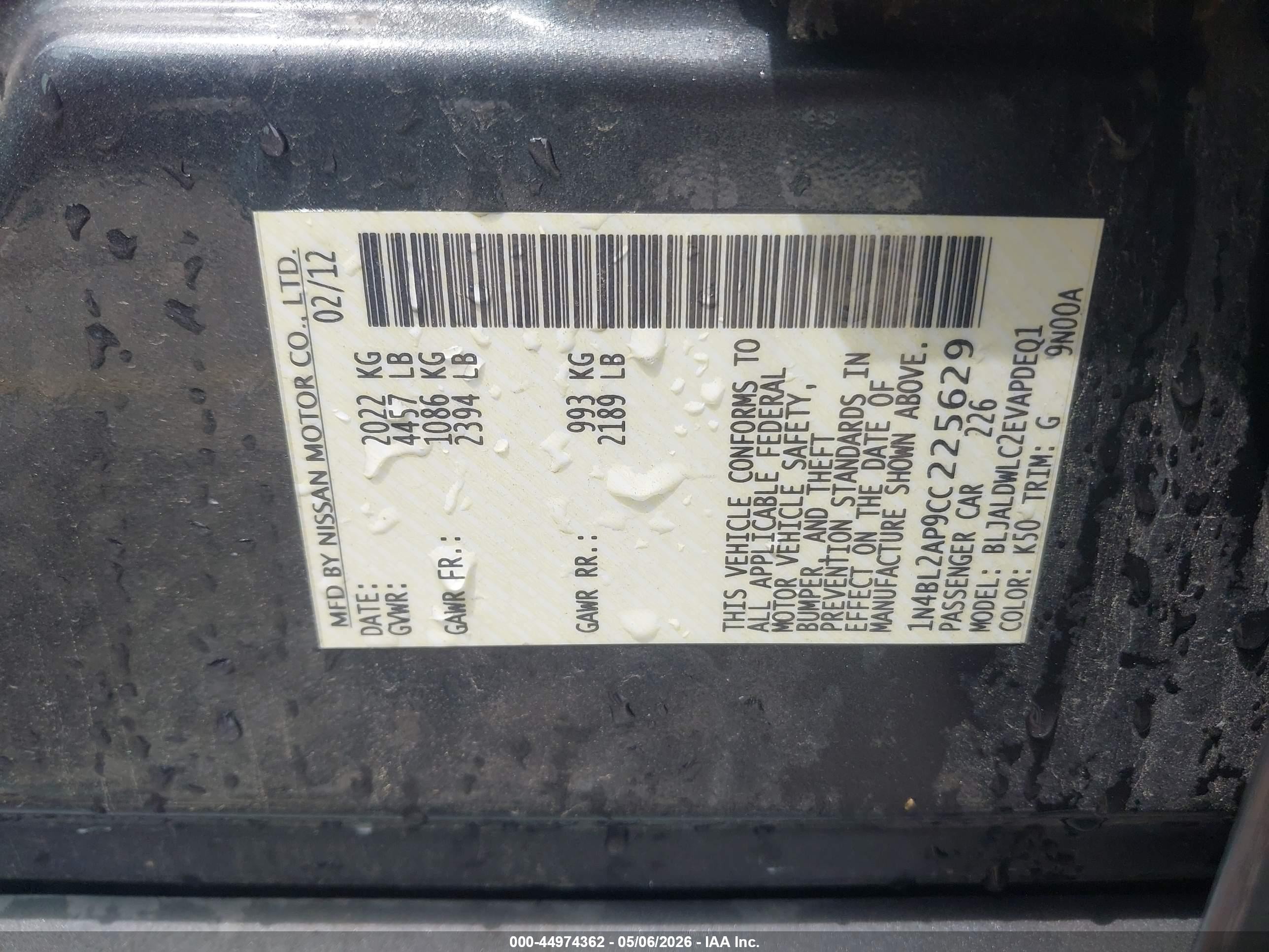 2012 Nissan Altima 3.5 Sr Gray vin: 1N4BL2AP9CC225629