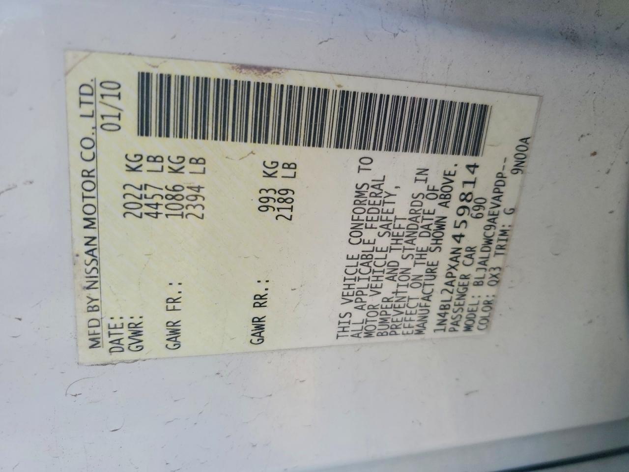 2010 Nissan Altima Sr White vin: 1N4BL2APXAN459814