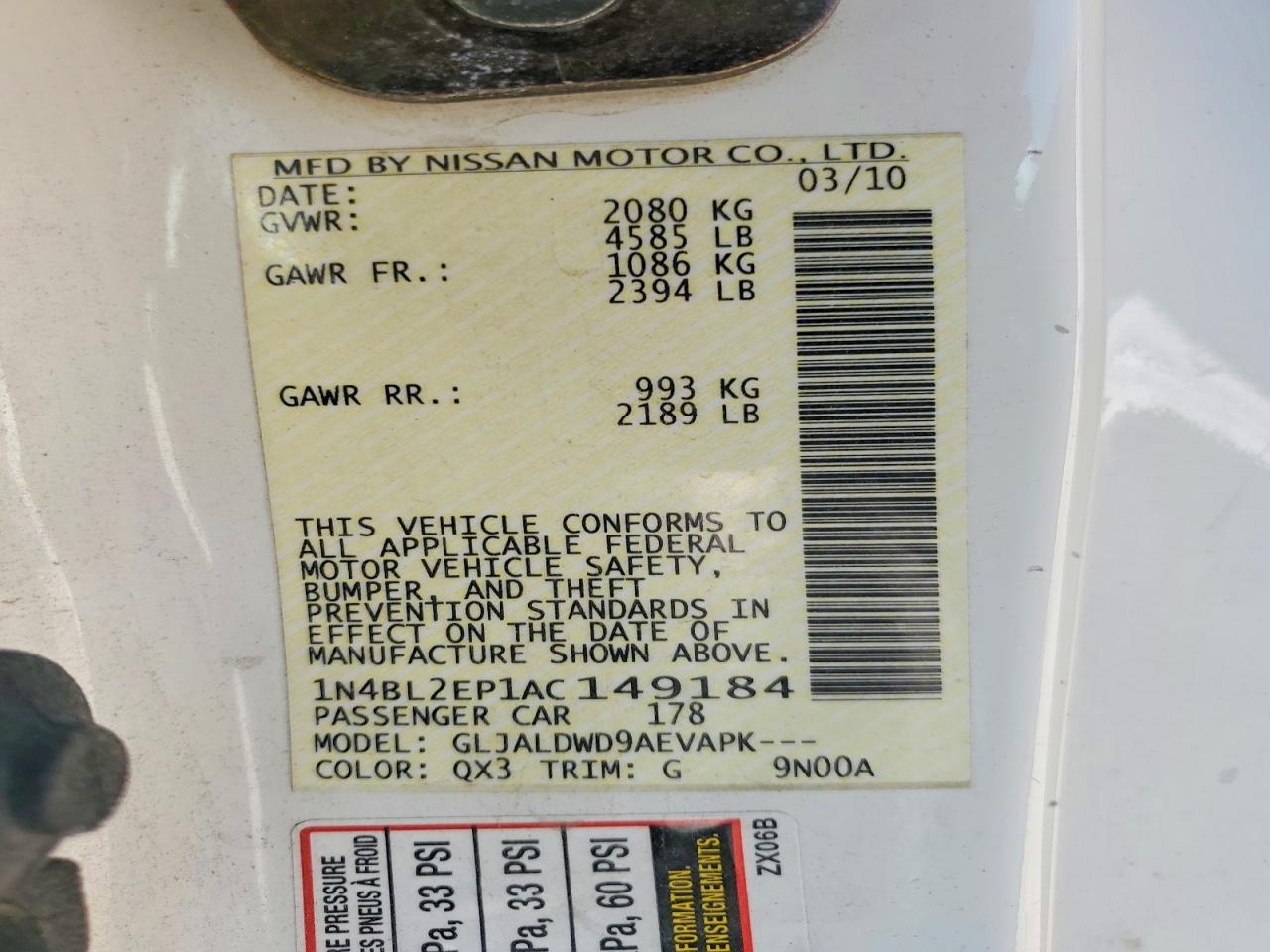 2010 Nissan Altima Sr White vin: 1N4BL2EP1AC149184