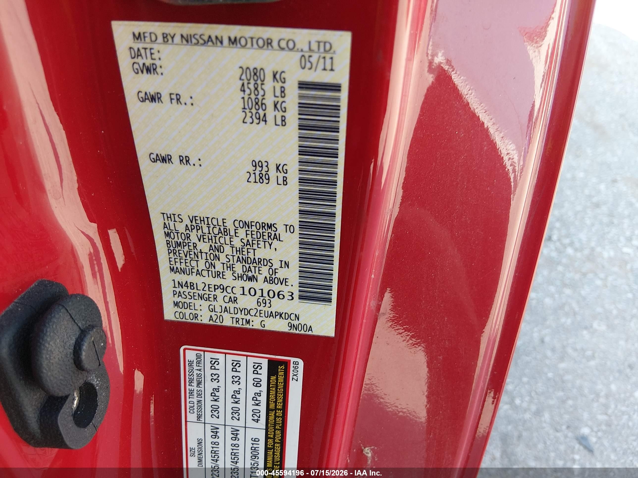 2012 Nissan Altima 3.5 Sr Красный vin: 1N4BL2EP9CC101063