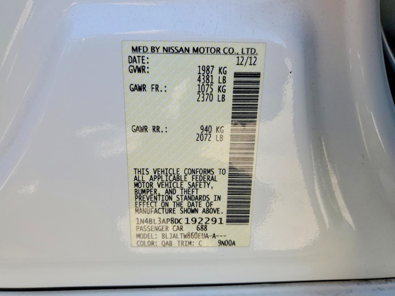 2013 Nissan Altima 3.5 S White vin: 1N4BL3A98DC192291