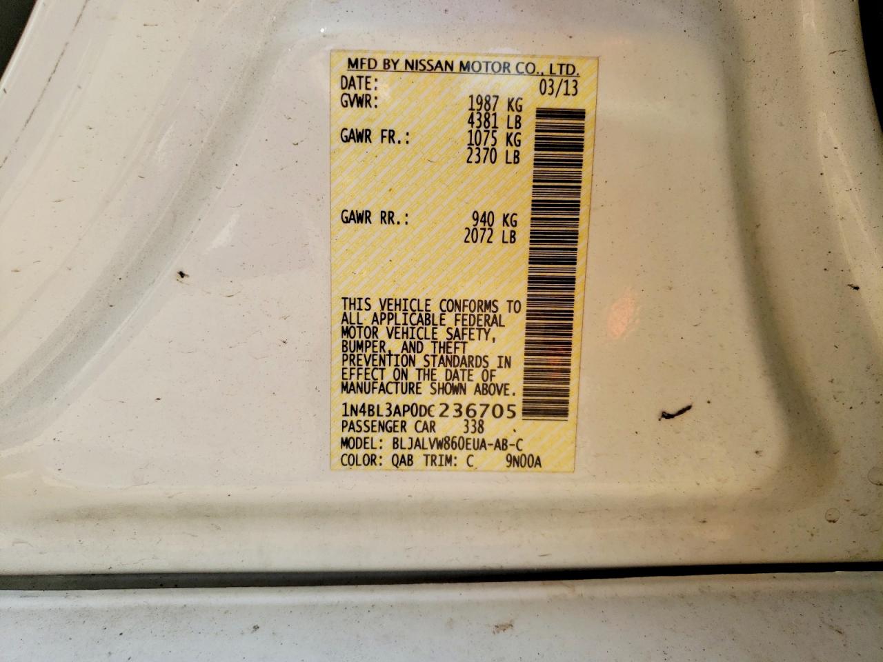 2013 Nissan Altima 3.5 S White vin: 1N4BL3AP0DC236705