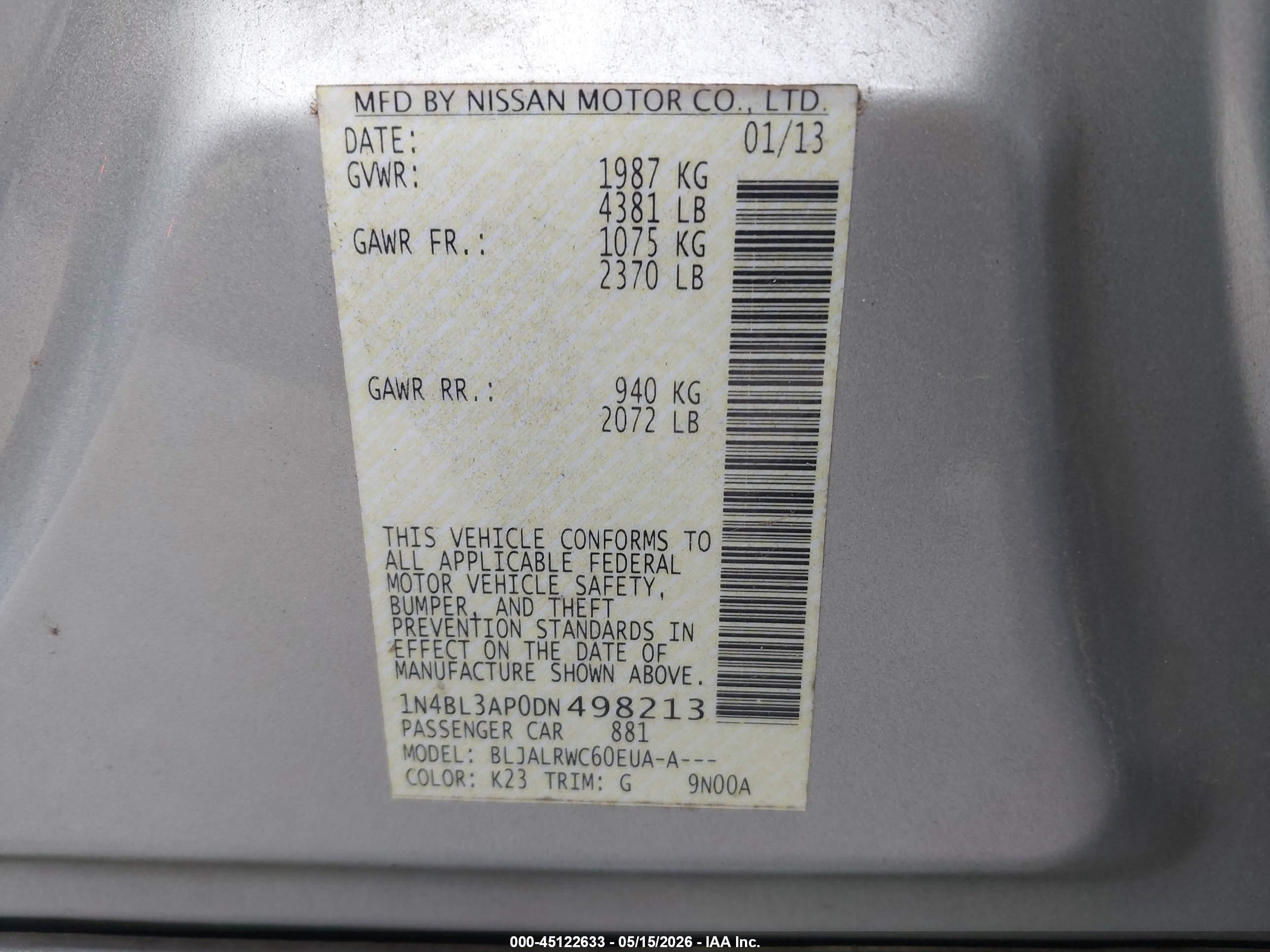 2013 Nissan Altima 3.5 S Silver vin: 1N4BL3AP0DN498213