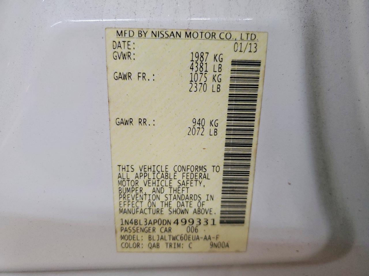 2013 Nissan Altima White vin: 1N4BL3AP0DN499331