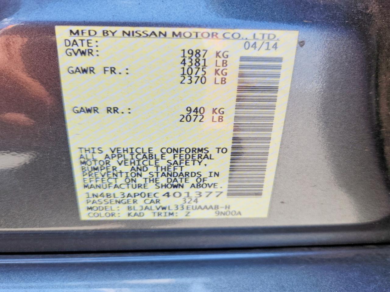 2014 Nissan Altima 3.5 Sl Gray vin: 1N4BL3AP0EC401377