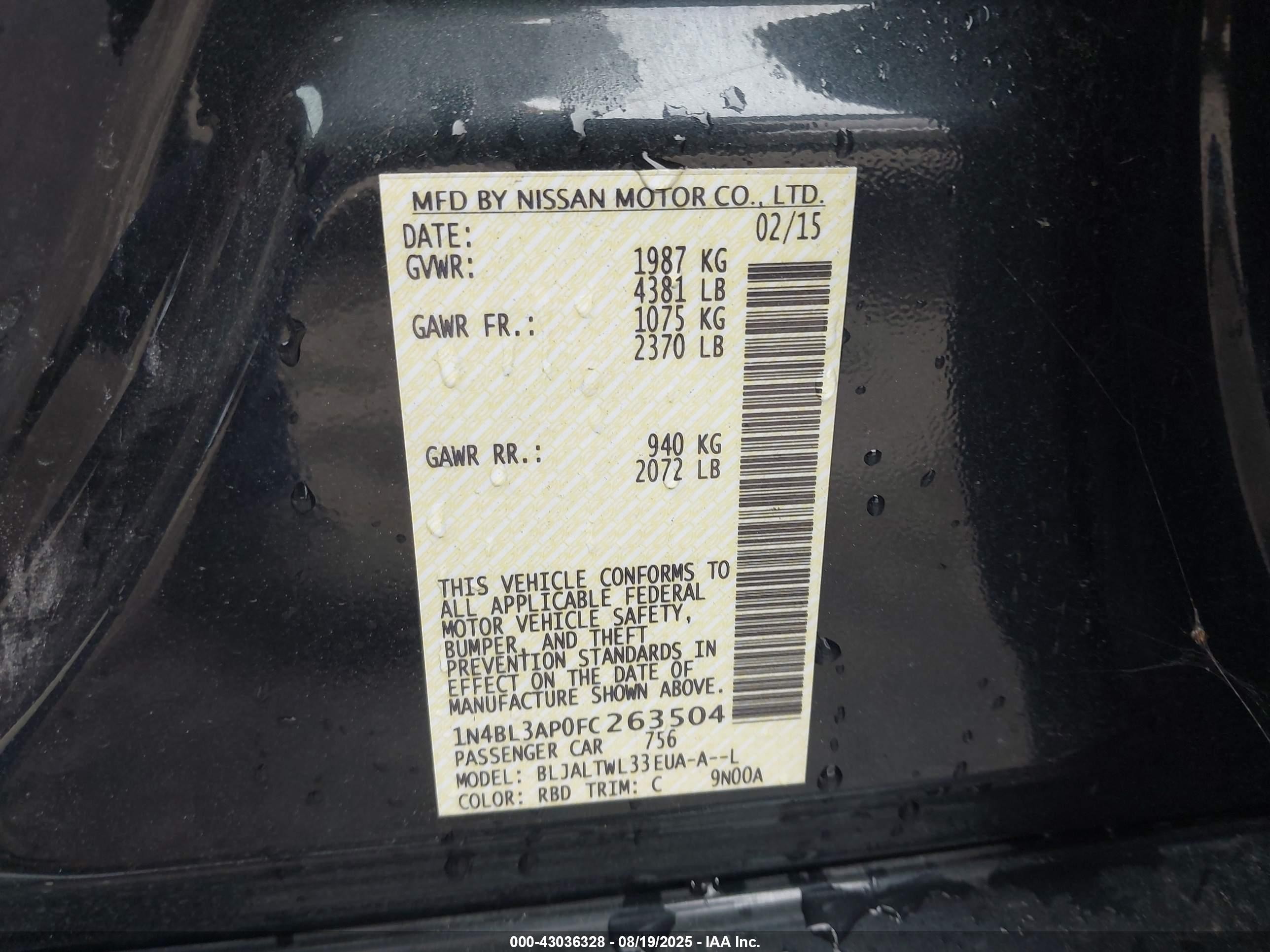 2015 Nissan Altima 3.5 S/3.5 Sl/3.5 Sv Gray vin: 1N4BL3AP0FC263504