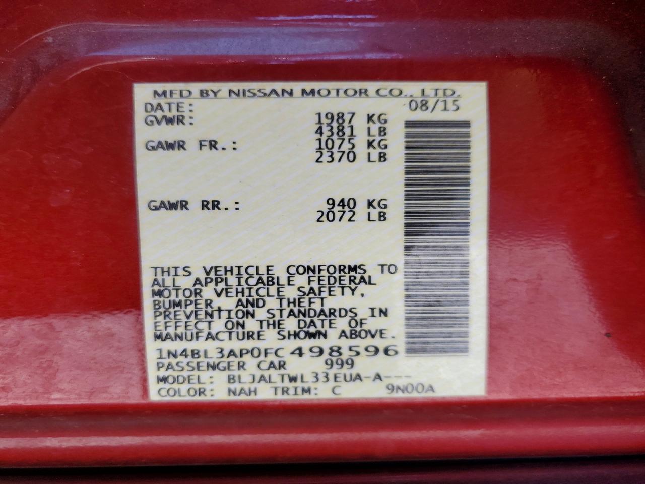 2015 Nissan Altima 3.5 Sl Red vin: 1N4BL3AP0FC498596