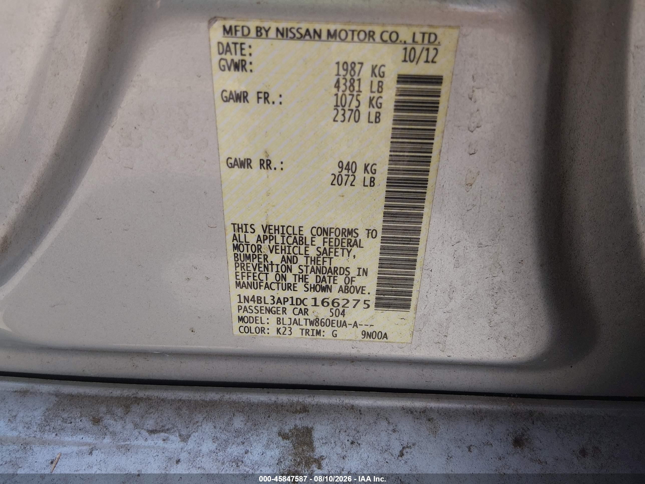 2013 Nissan Altima 3.5 Sv Silver vin: 1N4BL3AP1DC166275