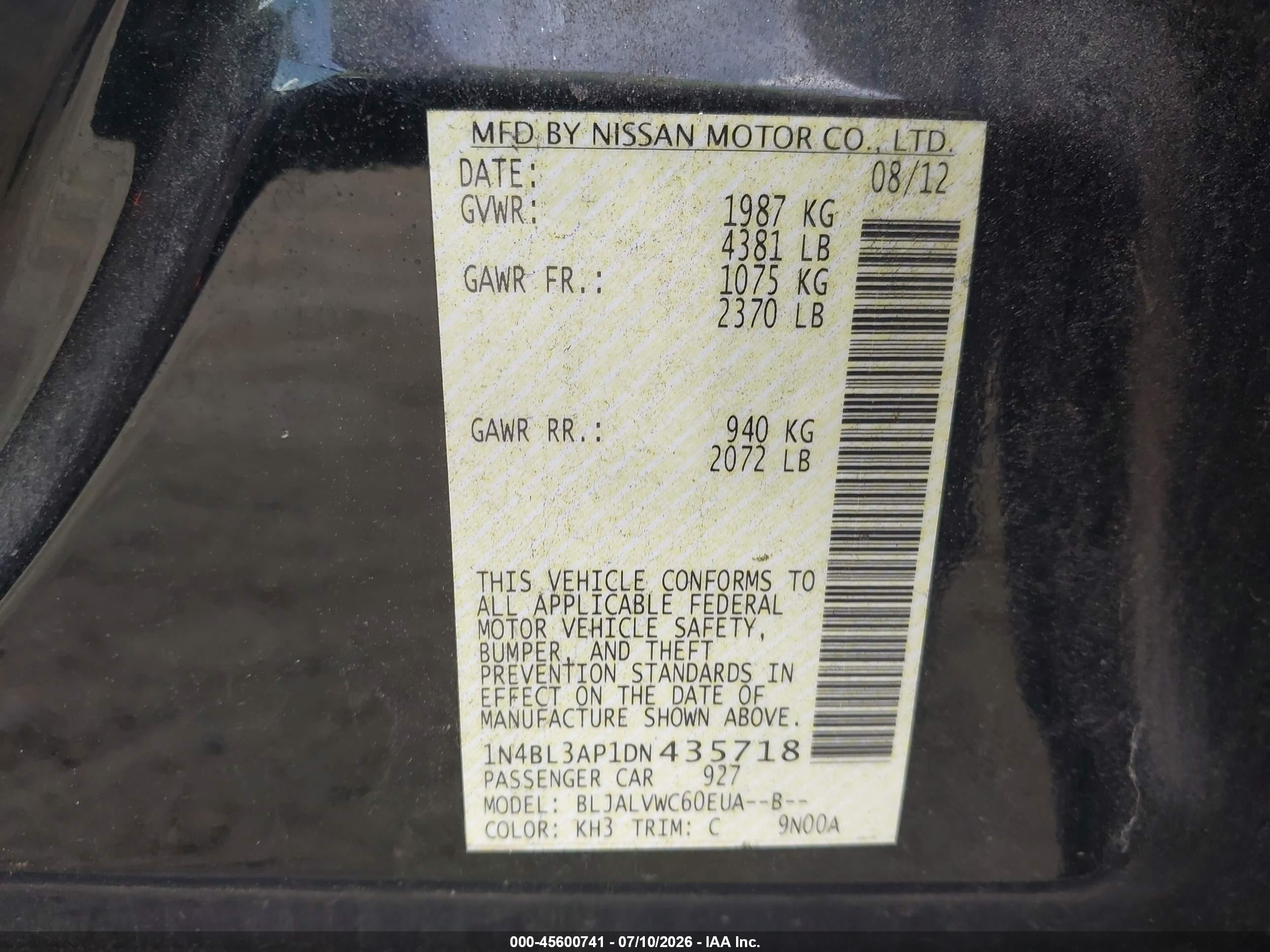 2013 Nissan Altima 3.5 Sl Black vin: 1N4BL3AP1DN435718