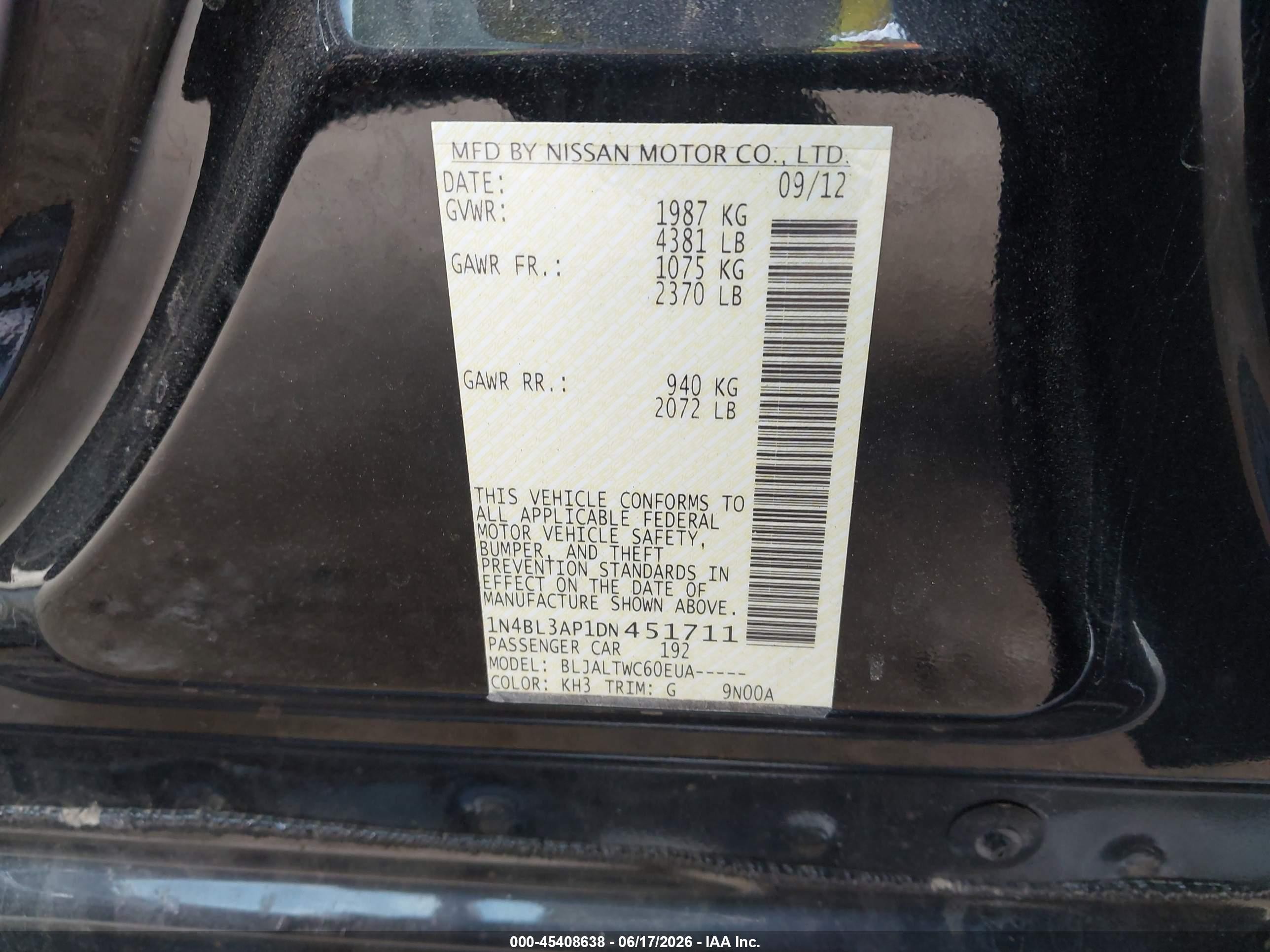 2013 Nissan Altima 3.5 Sv Black vin: 1N4BL3AP1DN451711