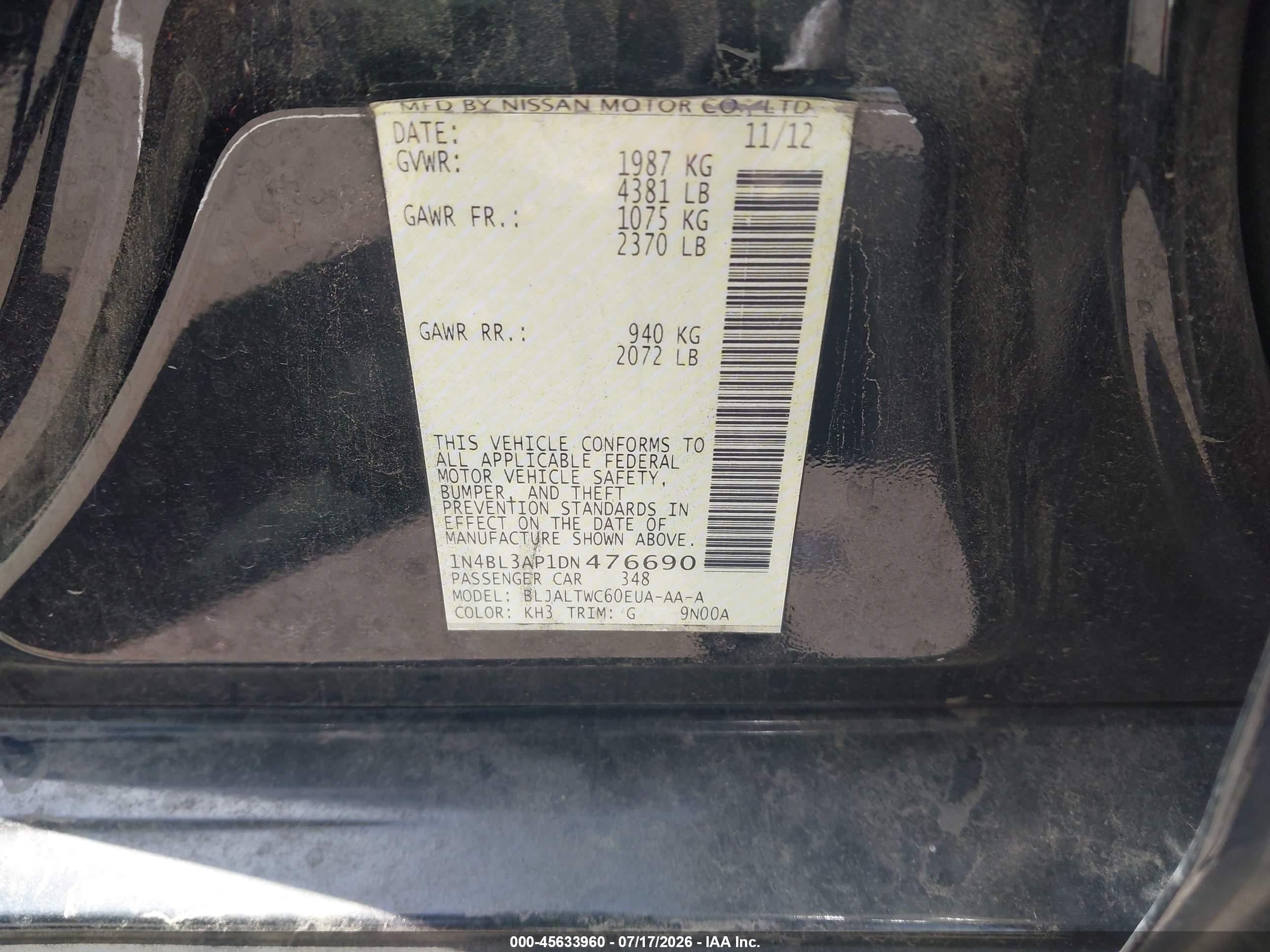 2013 Nissan Altima 3.5 Sv Black vin: 1N4BL3AP1DN476690