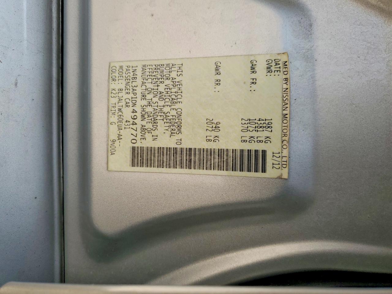 2013 Nissan Altima 3.5 S Silver vin: 1N4BL3AP1DN494770
