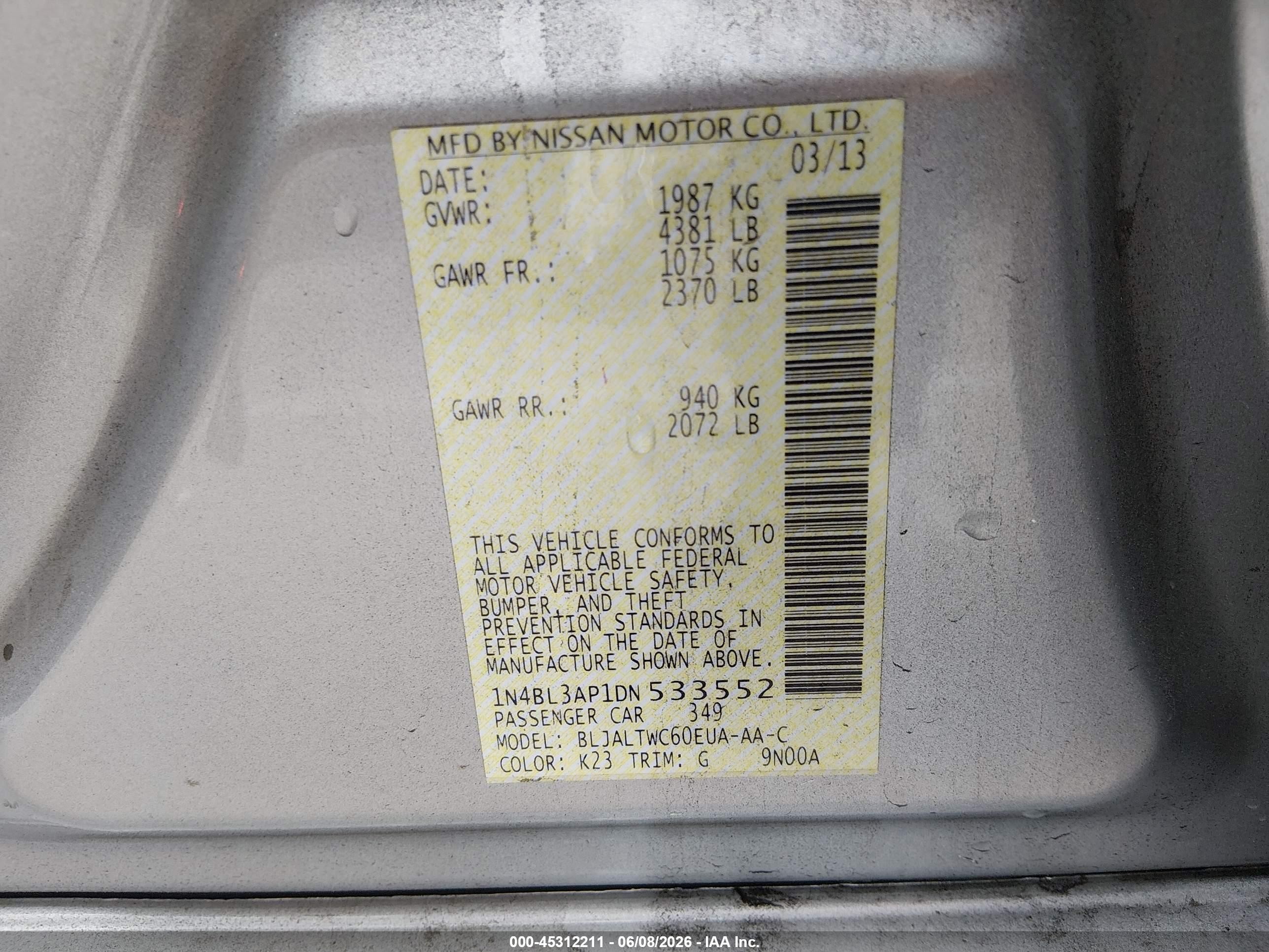 2013 Nissan Altima 3.5 Sv Silver vin: 1N4BL3AP1DN533552