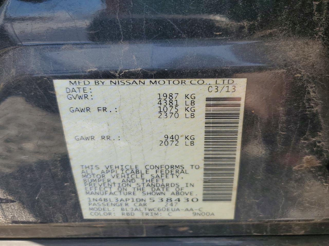 2013 Nissan Altima 3.5 S Угольный vin: 1N4BL3AP1DN538430