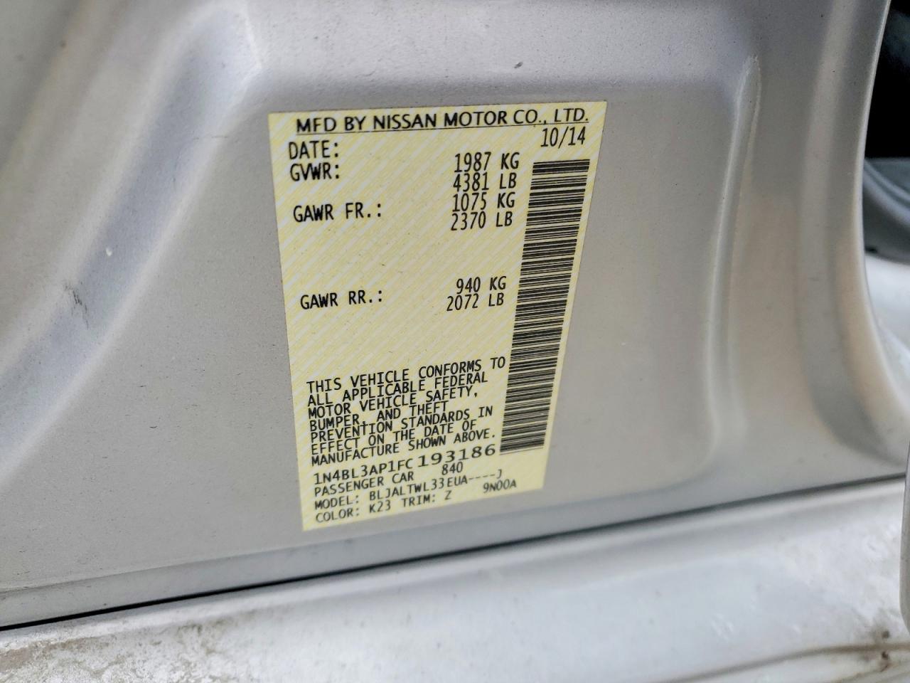 2015 Nissan Altima 3.5 Sl Silver vin: 1N4BL3AP1FC193186