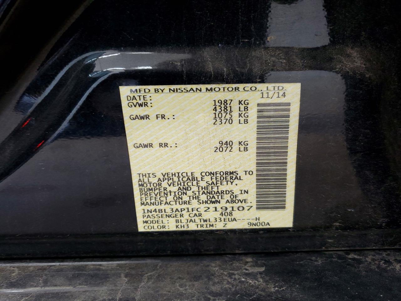 2015 Nissan Altima 3.5 Sl Black vin: 1N4BL3AP1FC219107