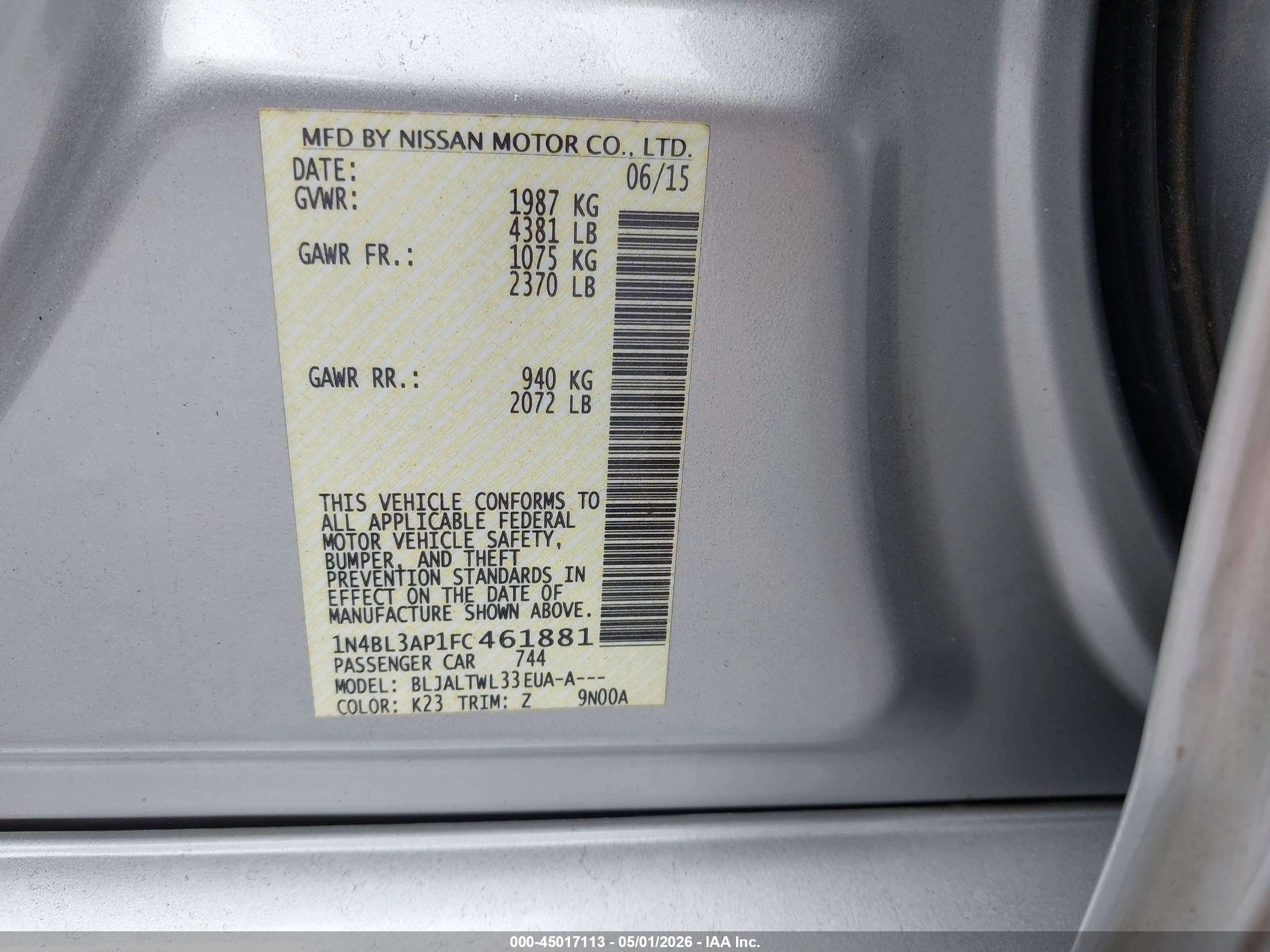 2015 Nissan Altima 3.5 S/3.5 Sl/3.5 Sv Gray vin: 1N4BL3AP1FC461881