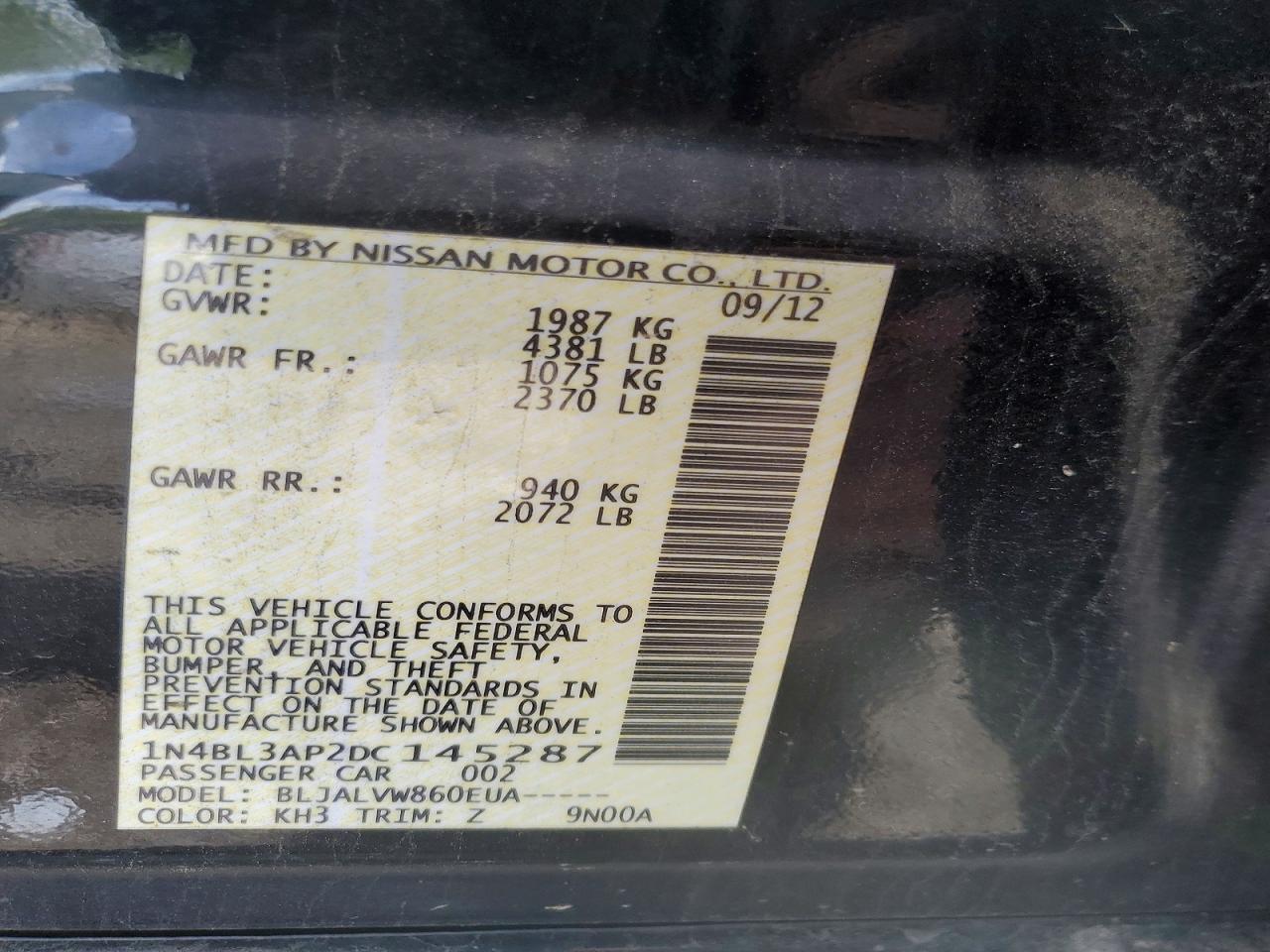 2013 Nissan Altima 3.5 S Black vin: 1N4BL3AP2DC145287