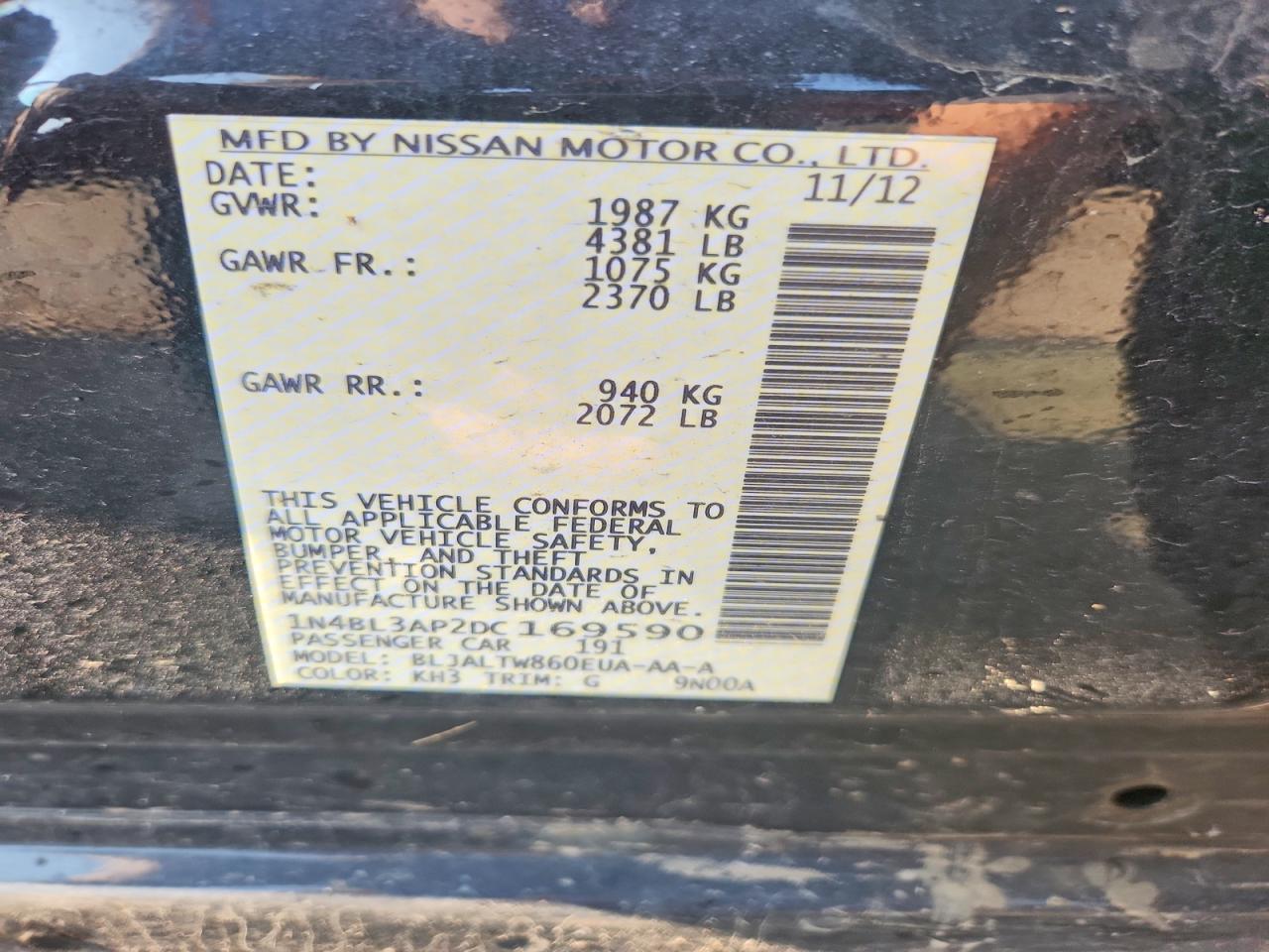 2013 Nissan Altima 3.5 S Black vin: 1N4BL3AP2DC169590