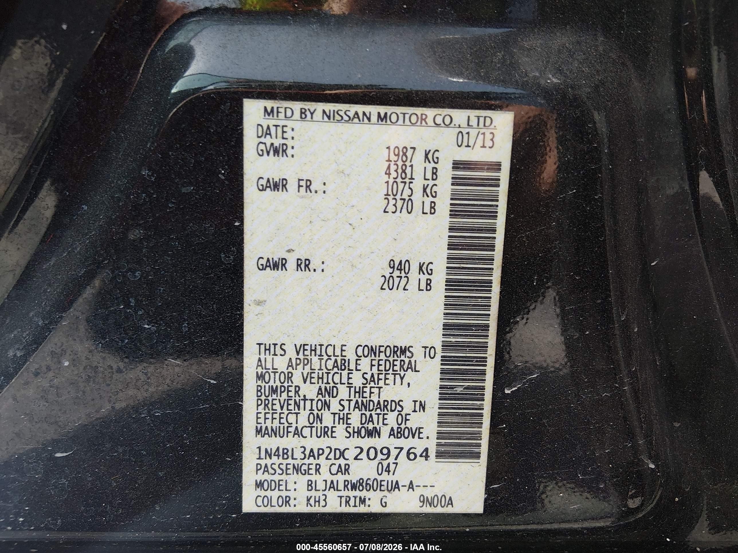 2013 Nissan Altima 3.5 S Black vin: 1N4BL3AP2DC209764