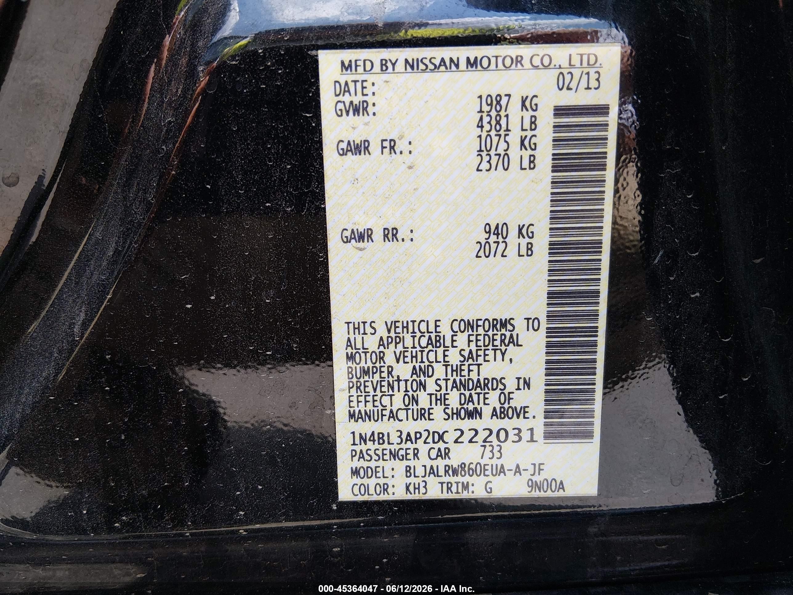 2013 Nissan Altima 3.5 S Black vin: 1N4BL3AP2DC222031