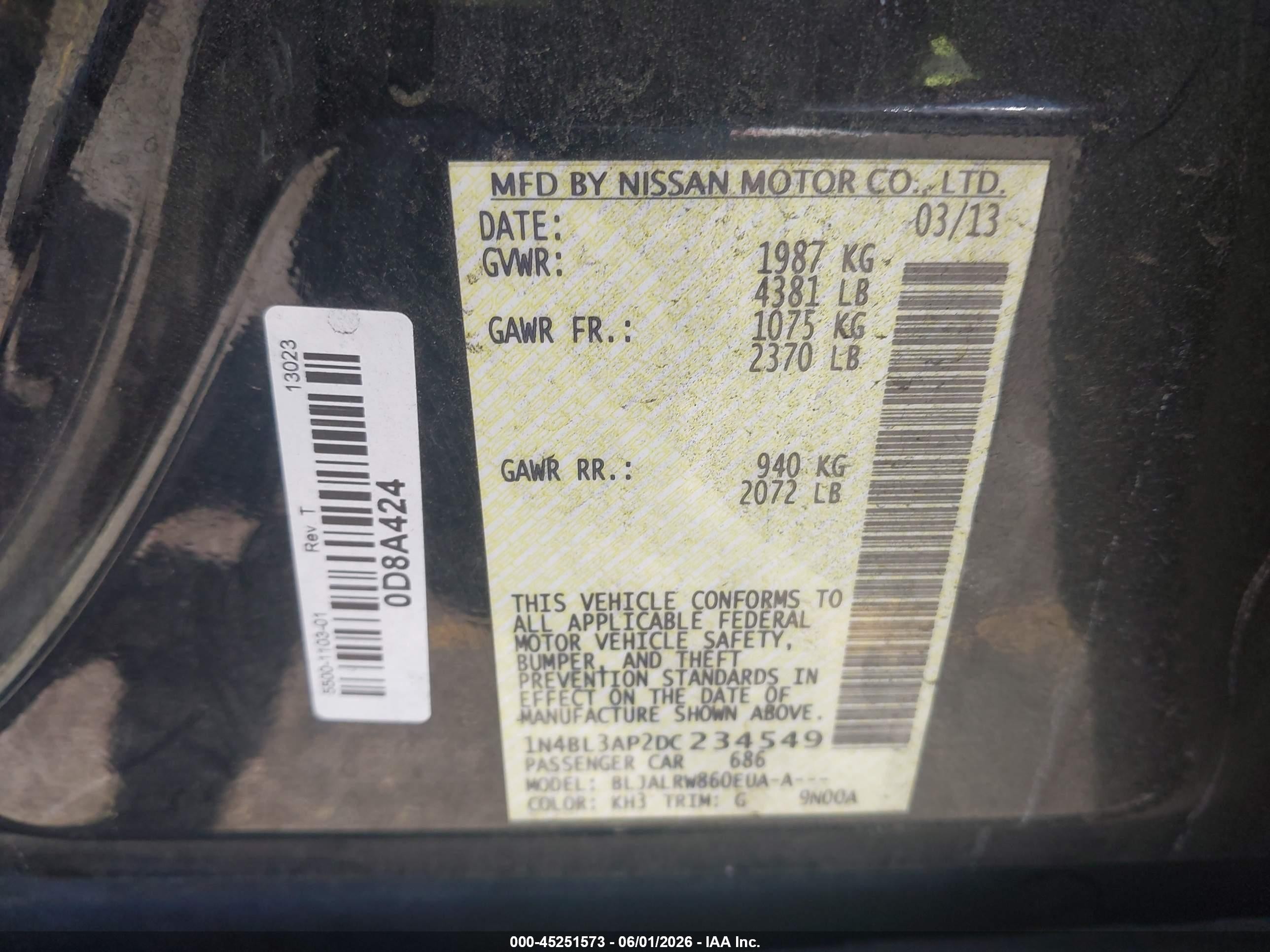 2013 Nissan Altima 3.5 S Black vin: 1N4BL3AP2DC234549