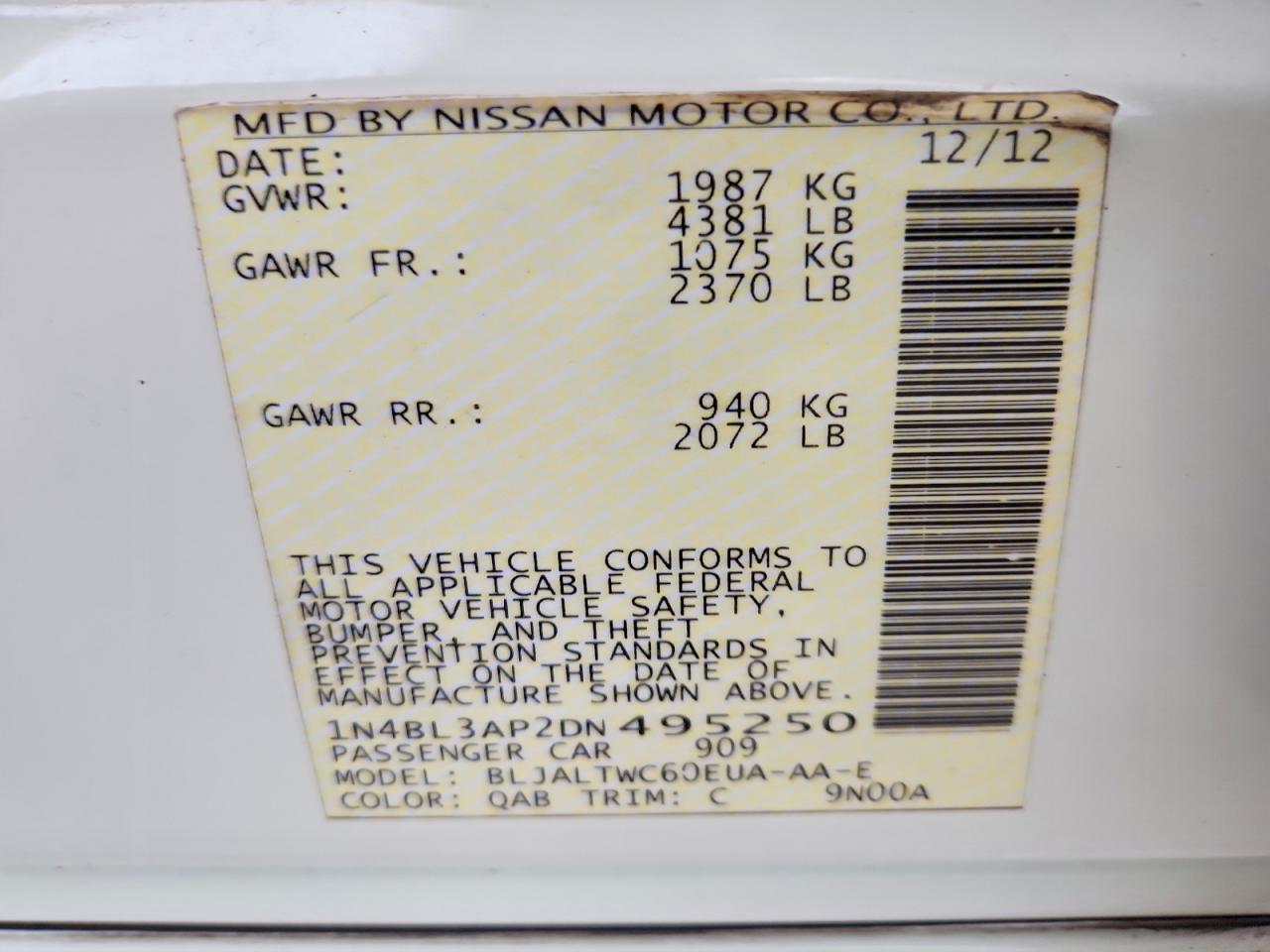 2013 Nissan Altima 3.5 S White vin: 1N4BL3AP2DN495250