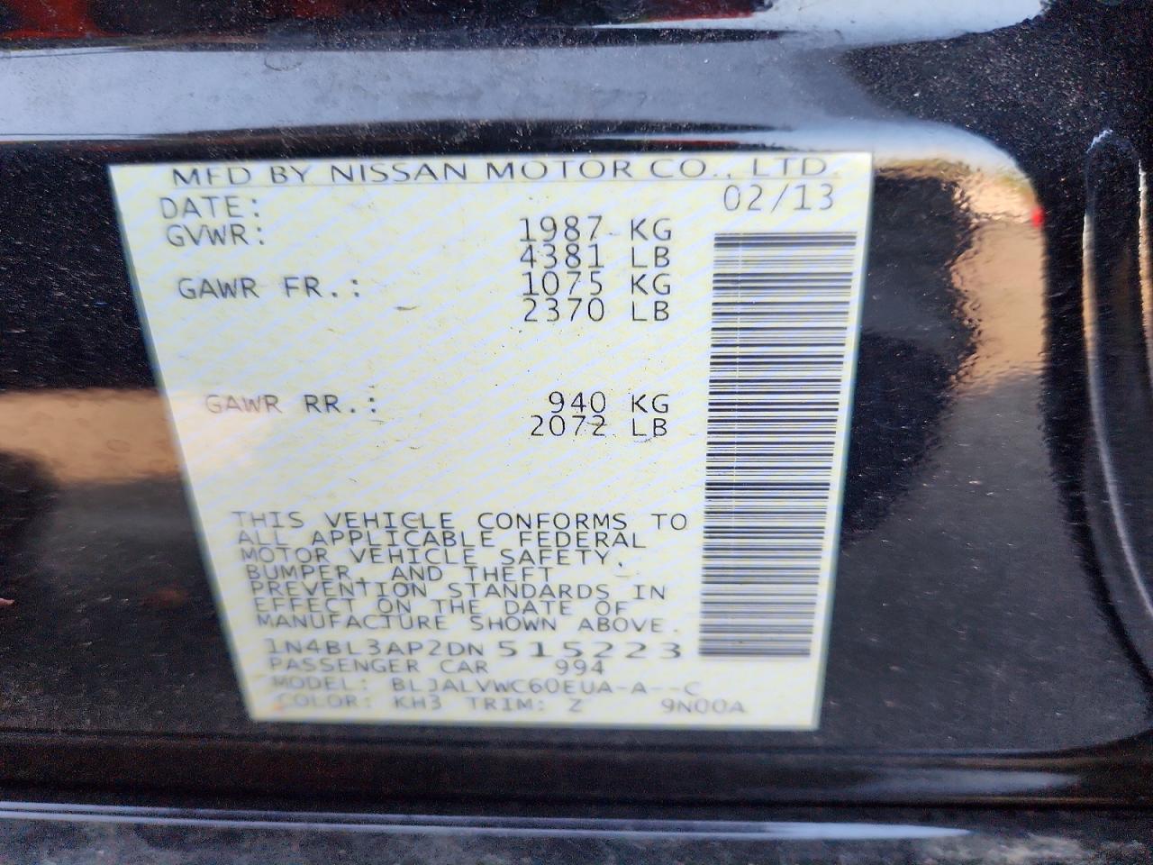 2013 Nissan Altima 3.5 S Black vin: 1N4BL3AP2DN515223