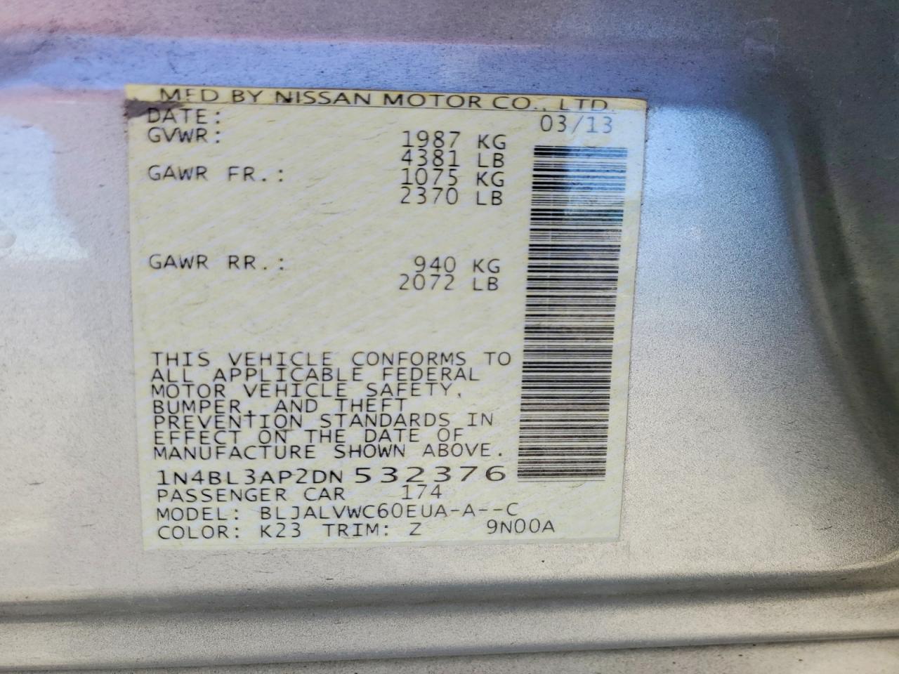 2013 Nissan Altima 3.5 S Серебряный vin: 1N4BL3AP2DN532376