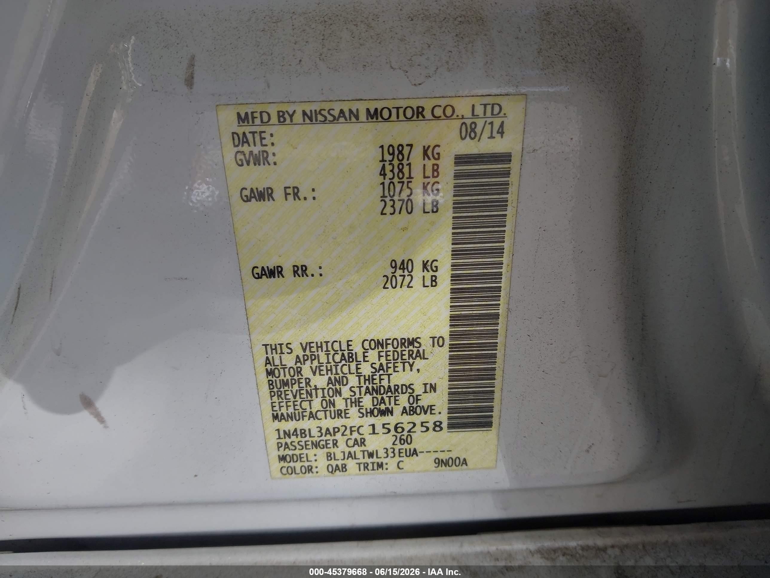 2015 Nissan Altima 3.5 Sl White vin: 1N4BL3AP2FC156258