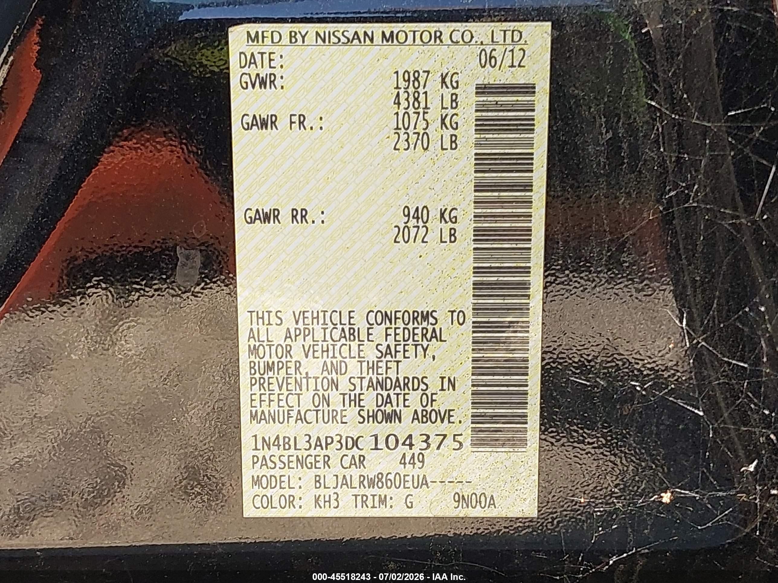 2013 Nissan Altima 3.5 S Черный vin: 1N4BL3AP3DC104375