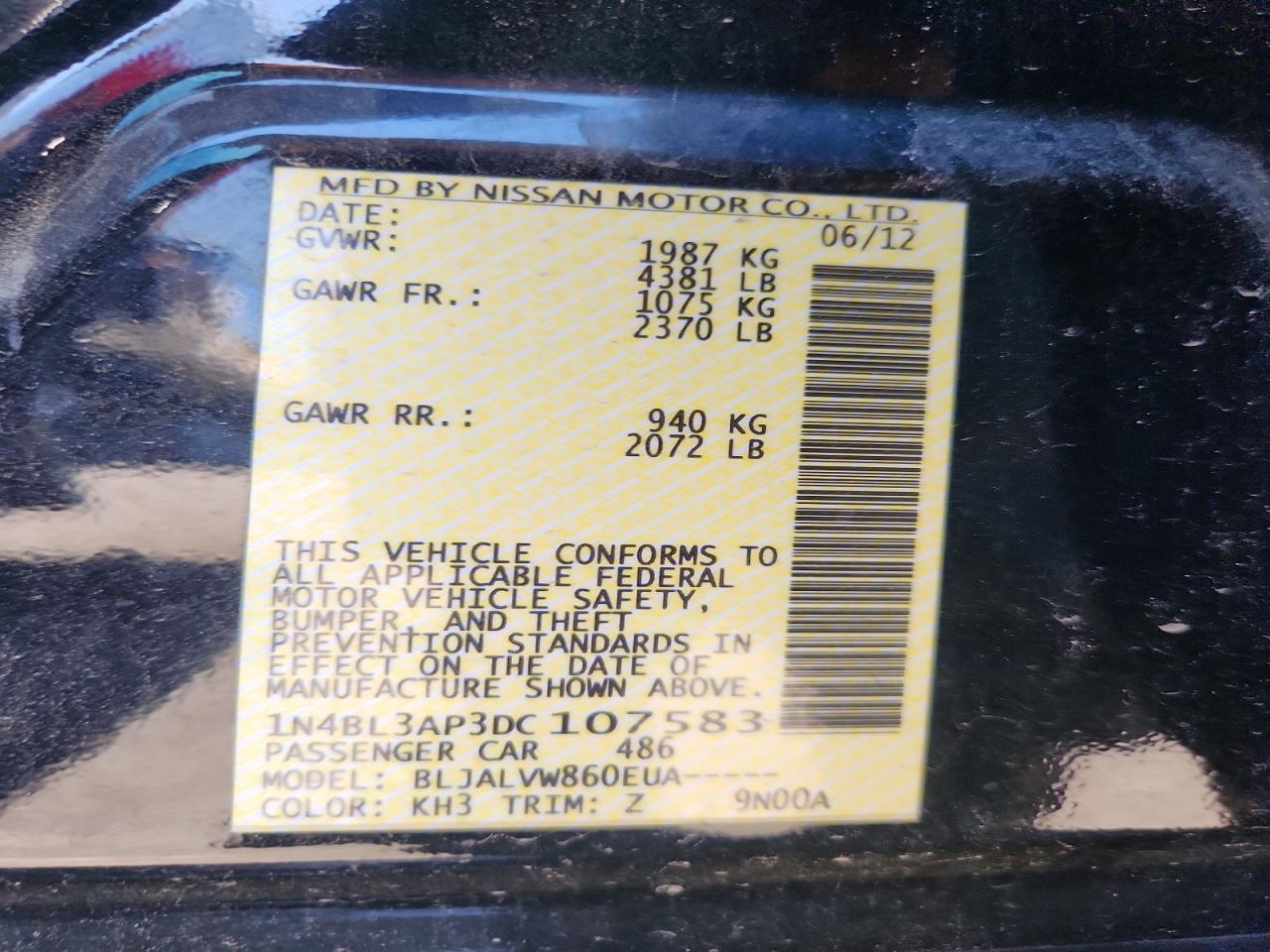 2013 Nissan Altima 3.5 S Black vin: 1N4BL3AP3DC107583