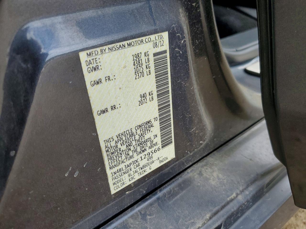 2013 Nissan Altima 3.5 S Charcoal vin: 1N4BL3AP3DC129566