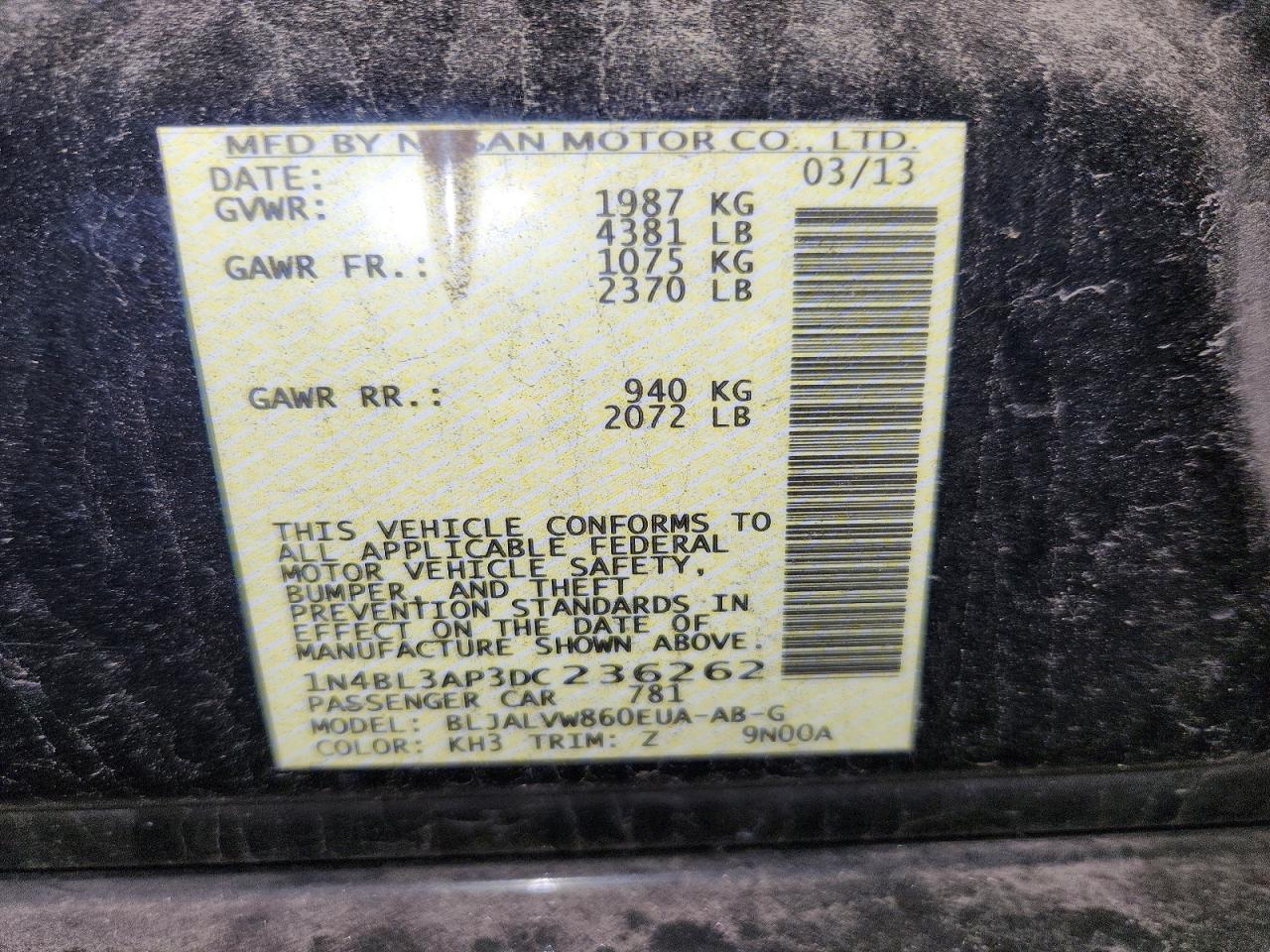 2013 Nissan Altima 3.5 S Black vin: 1N4BL3AP3DC236262