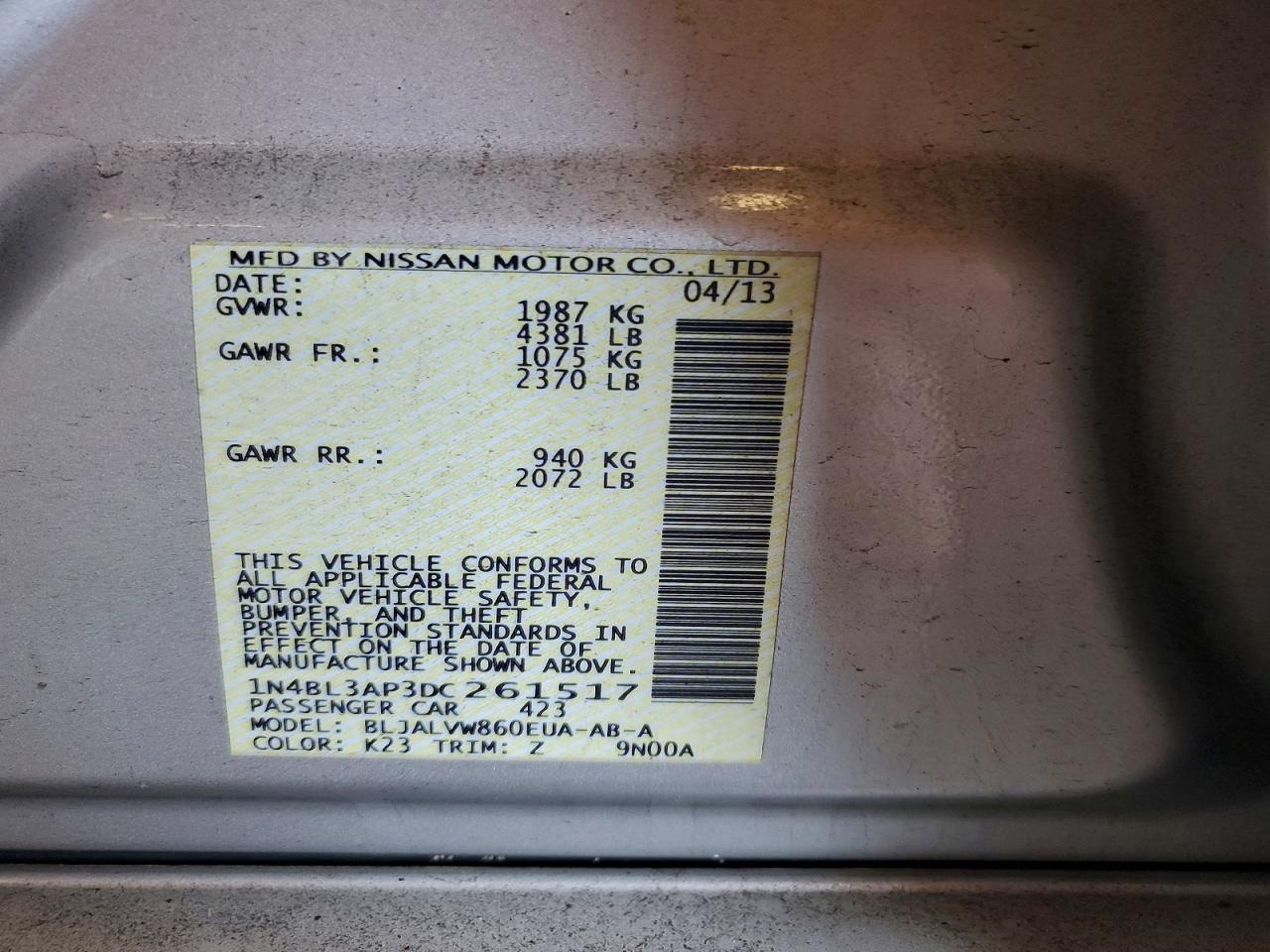 2013 Nissan Altima 3.5 S Silver vin: 1N4BL3AP3DC261517