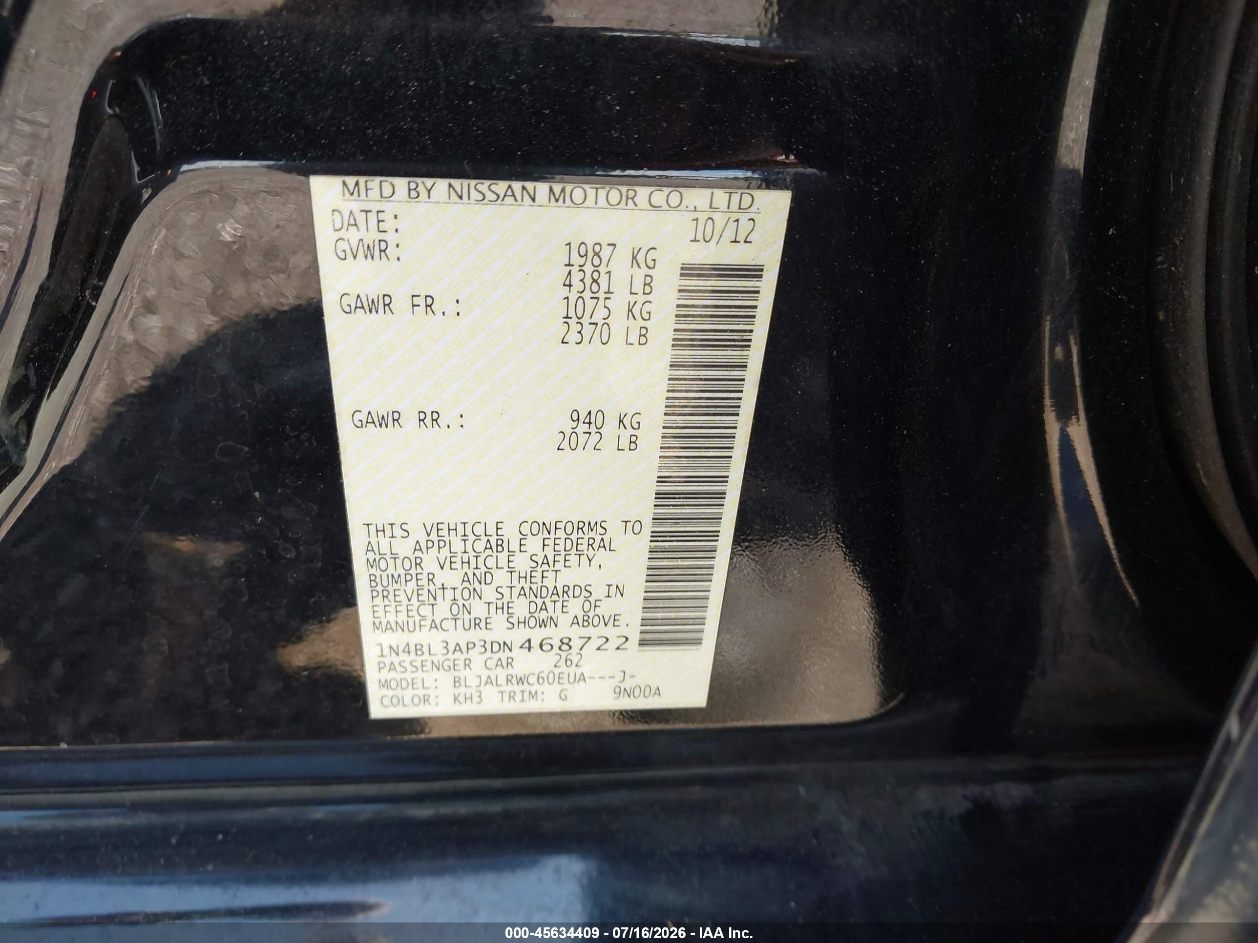 2013 Nissan Altima 3.5 S Black vin: 1N4BL3AP3DN468722