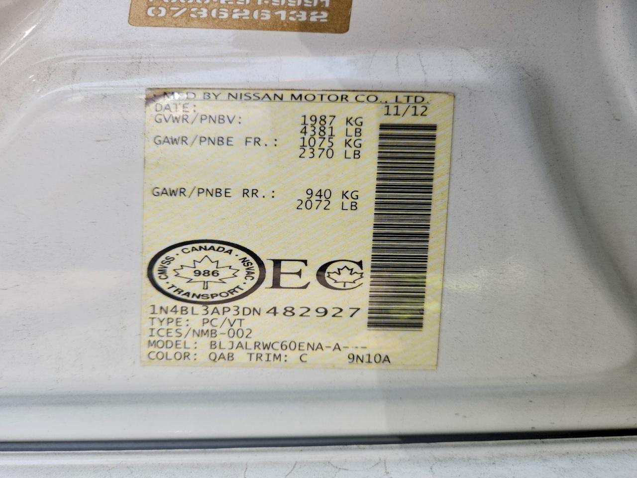 2013 Nissan Altima 3.5s White vin: 1N4BL3AP3DN482927