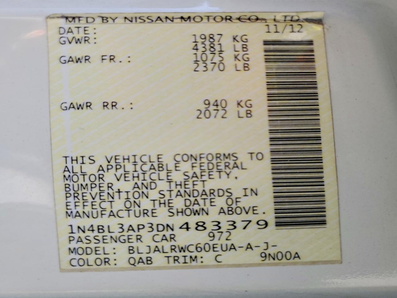 2013 Nissan Altima 3.5 S White vin: 1N4BL3AP3DN483379